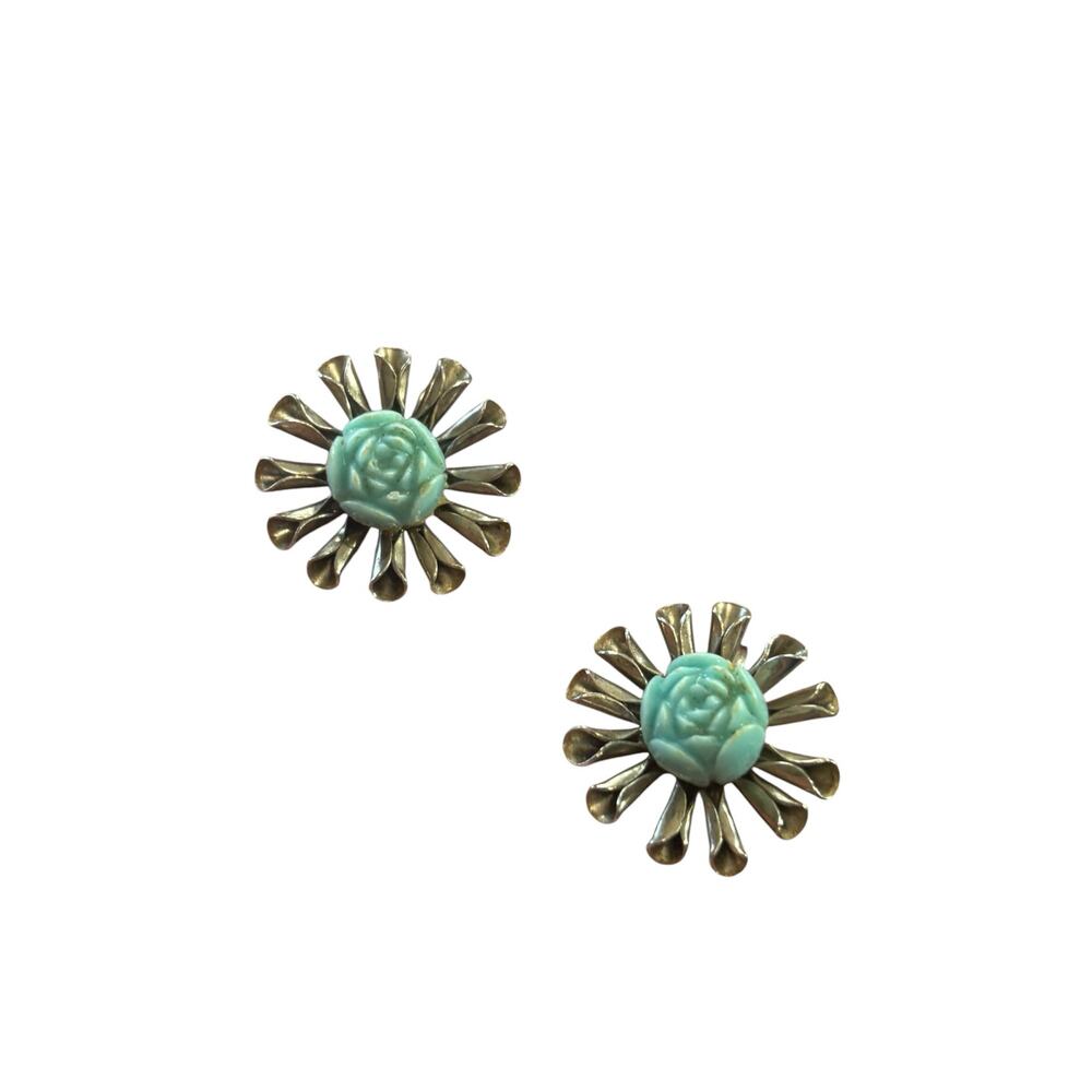 Vintage Turquoise Rose Earrings Screw Back Floral Starburst Mid Century 50s